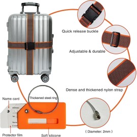 Pack of 4 Luggage Straps & 4 Luggage Tags & 2 Pieces Add a Bag Luggage Straps, Luggage Strap Strap, Adjustable Luggage Straps, Eye-catching Luggage Strap for Suitcases (Orange Grey)