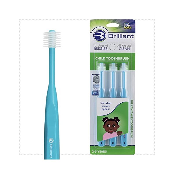 Brilliant Child Toothbrush by Brilliant Oral Care- For Boys and Girls Age 2-5 Years Old, When Molars Appear, Round Brush Head Cleans Whole Mouth, full mouth toothbrush for kids, 3 Count Set, Sky Blue