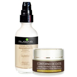 Rusens - Dúo Antiedad, Contorno de Ojos y Crema Facial Regenerante - Ayuda a Hidratar, Regenrar, Producir Colágeno y Elastina (Rostro y Ojos) Ayuda a atenuar Ojeras, Bolsas y Líneas de expresión - Ideal para todo tipo de piel.