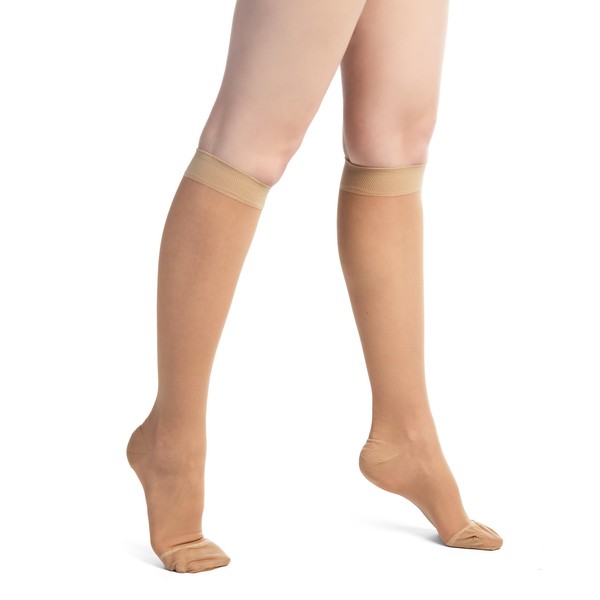 EvoNation Women's USA Made Sheer Graduated Compression Socks 15-20 mmHg Moderate Pressure Medical Quality Knee High Support Stockings Hose - Circulation Travel (Medium, Tan Nude Beige)