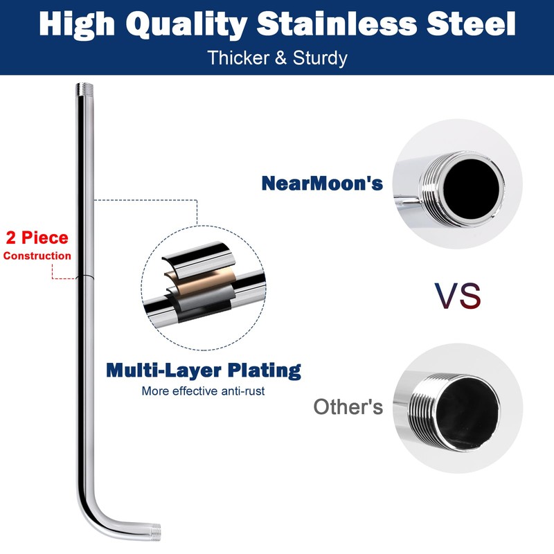 NearMoon Shower Arm, Extra Extension Arm with Flange, Stainless Steel