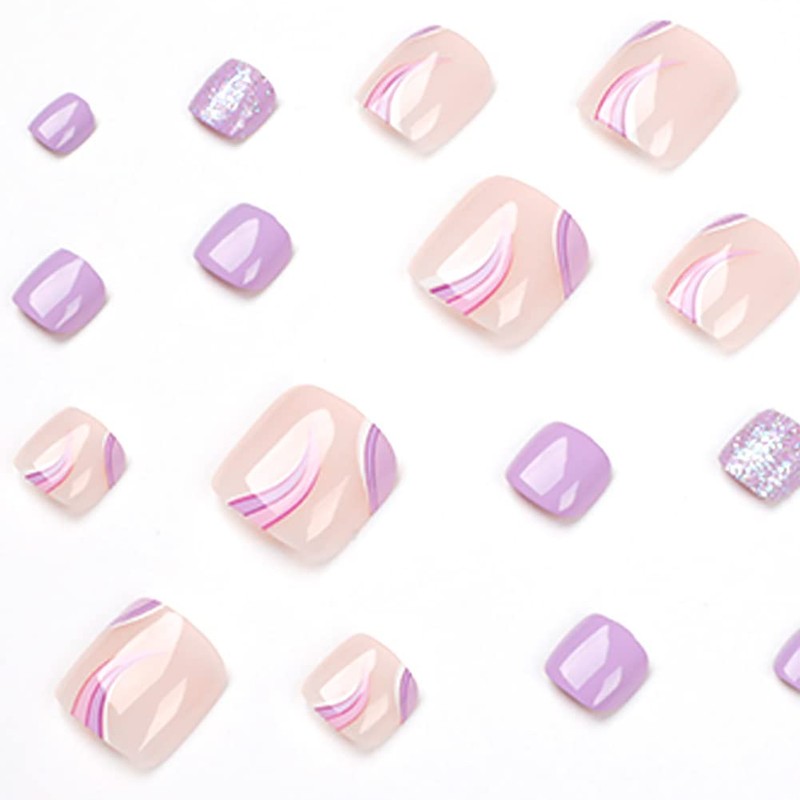 Clataly 24pcs Square Flowers Fake Nails Glossy Glitter Toe Print