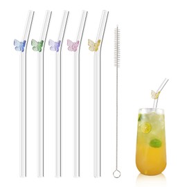 Olpchee 5 Pcs Reusable Straws Clear Glass Straws Colorful Butterfly Design Size 7.8" x 8mm with 1 Cleaning Brush for Smoothies, Milkshakes, Juices, Teas (Colorful Butterfly)