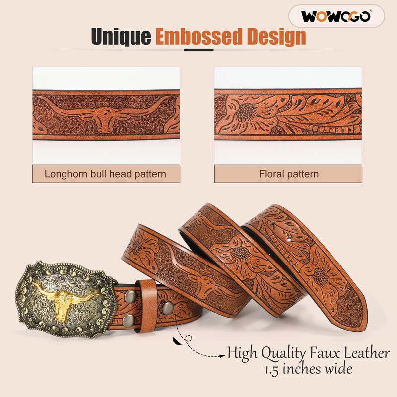 WOWOGO Women Men Western Belts Cowboy Cowgirl Country Belt Longhorn