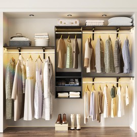 Besiost 96 Inch Hanging Closet System, 8 FT Closet Organizer System with Hanging Rod, Walk In Mounted Closet System, Built-In Clothes Garment Rack with 3 Shelving Towers(Can Be Cut To Fit), Black