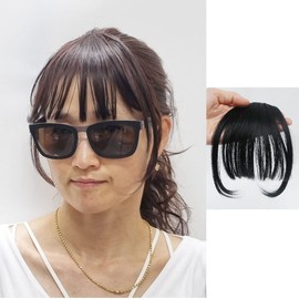 Bangs Hair Clip Synthetic hair wispy bangs fringe clip in hair extensions in Fringe Front Natural Curved Flat Neat bang with Temples for women (black)