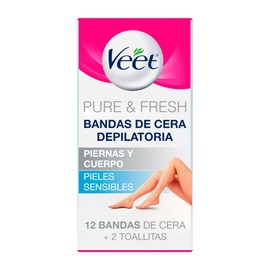 Veet Pure & Fresh, Bandas de Cera Depilatoria, Piernas y Cuerpo, Piel Sensible, 12 piezas