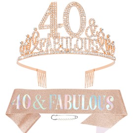 Hapdoo Rose Gold 40th Birthday Crown and Sash, Happy Birthday Decorations for 40 and Fabulous Tiara Sash Set