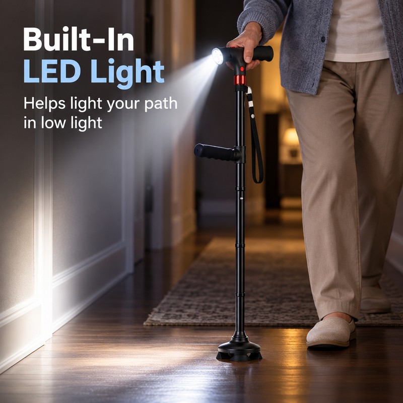 Adjustable Folding Walking Cane for Seniors – LED Light, SOS