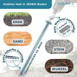 SebiMax® Screw Pegs Camping Set 160-10 Pieces 160 mm - One Bit Attachment - XXL Plastic Washer (Set 160-10 x 160 mm)