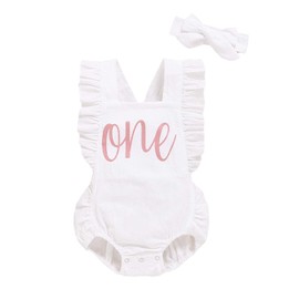 Shalofer Traje de primer cumpleaños para niña con diadema, White, 6-12 Meses