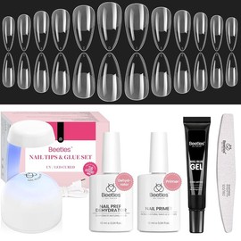 Beetles Gel Nail Kit with Nail Dehydrator and Primer, 576Pcs Half Matte Etch-X Gel Nail Tips Solid Nail Glue Mini Nail Lamp Acrylic Nail Tips Easy DIY Nail Extension Set Gift for Women - Color: Almond Medium 576pcs( Etch-X Nail Kit)