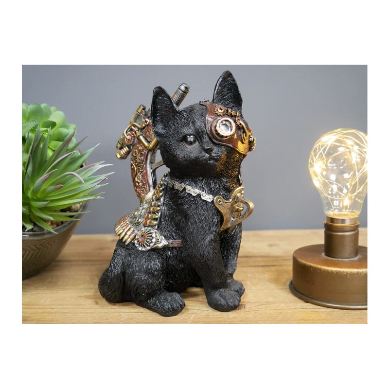 Steampunk Black Cat Ornament Home Decor Sculpture Woodland Statue Gift