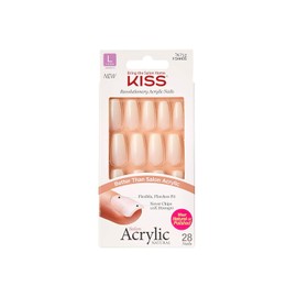 KISS Salon Acrylic Natural "Strong Enough" White Nude Long Almond Coffin Shape - 28 Press On Artificial Nails for Sticking DIY, 2 g Nail Glue, 1 Manicure Stick, 1 Mini File
