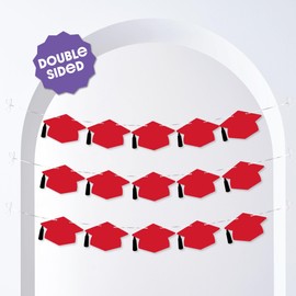 Big Dot of Happiness Red Graduation Cap Garland Banner, Grad Party Decorations, High School Graduate Photo Backdrop, Elementary Celebration, 10 Feet of Cord, 15 Hats with Tassels