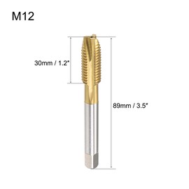 uxcell Spiral Point Plug Threading Tap M12 x 1.75 Thread, Ground Threads H2 3 Flutes, High Speed Steel HSS 6542, Titanium Coated, Round Shank with Square End