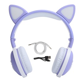 Cute Cat Ear Glowing Wireless Bluetooth Headphone HIFI Sports Folding Headset with Led LightLight Purple