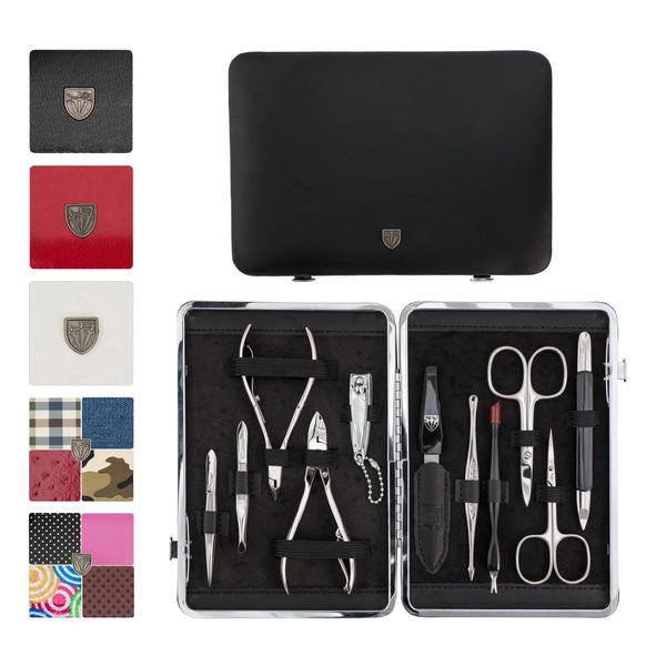 3 Swords Germany - brand quality 11 piece manicure pedicure grooming kit set for professional finger & toe nail care scissors clipper genuine leather case in gift box, Made in Solingen Germany (01665)