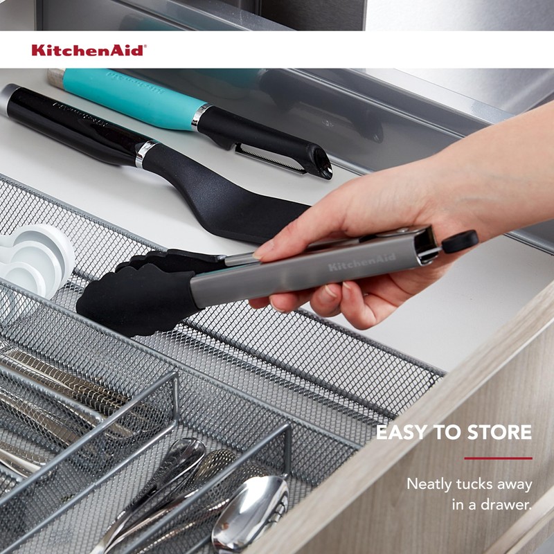 KitchenAid Silicone Tipped Stainless Steel Tongs, Black, 9 Inch