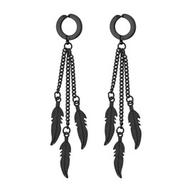 Flongo Feather Pendant Earrings Unisex: Gold Black Silver Fake Plug Without Pierced Ear Cuff Stainless Steel Gothic Huggie Hoop Earrings 3 Heels Feather Pendant Viking Punk Biker Earrings Men Women,