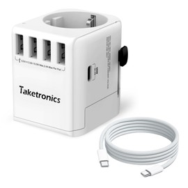 Reiseadapter Schuko 3-Pin Universal 4 x USB A, 1 x USB C 30W und 1 x AC, Internationaler Steckdosenadapter, Universaladapter Deutschland auf USA England, Australien, China + 1m C-C Nylon Ladekabel