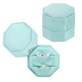 PATIKIL 2 Slots Vintage Velvet Ring Boxes, 2 Pack Octagonal Elegant His and Her Wedding Ring Jewelry Organizer Holders for Engagement Proposal Ceremony Anniversary, Sky Blue