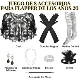HomeChi Accesorios de Disfraz de 1920s Flapper Gatsby, Retro Pluma Hairband Collar de Perlas Guantes Pendientes Malla Calcetines Set para Cosplay Fiesta Halloween