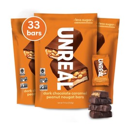 UNREAL Dark Chocolate Caramel Peanut Nougat Bars, 70% Organic Ingredients, Fair Trade, Non-GMO, No Corn Syrup, Sugar Alcohols, Soy, 209grams (3 Value Size Bags)