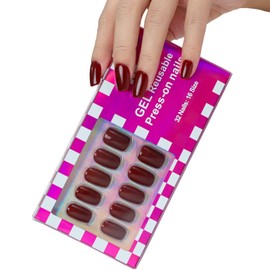 ASONRL 32 PCS Short Square Maroon Press on Nails - Solid Glossy Burgundy Gel Fake Nail, Glue On Nails Kit, Reusable with Mini File for Women- Short Square Burgundy