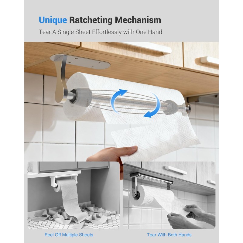 Paper Towel Holder Under Cabinet, One-Handed Tear, Wall Mount, Adhesive,