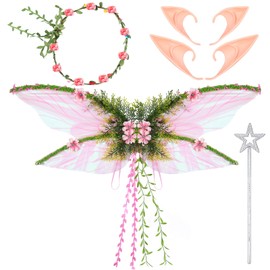 Fairy Costume Set with Fairy Butterfly Wings Floral Garland Wand Elf Ears for Renaissance Fantasy Costume Cosplay(Pink)