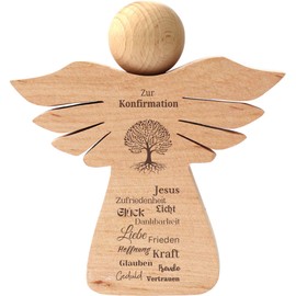 Geschenkissimo Wooden Angel for Confirmation with Engraving Jesus, Satisfaction, Happiness, Faith, Angel Figurine Made of Wood, Approx. 15 x 14 x 2.5 cm, Decoration of Godparents, Family and Friends