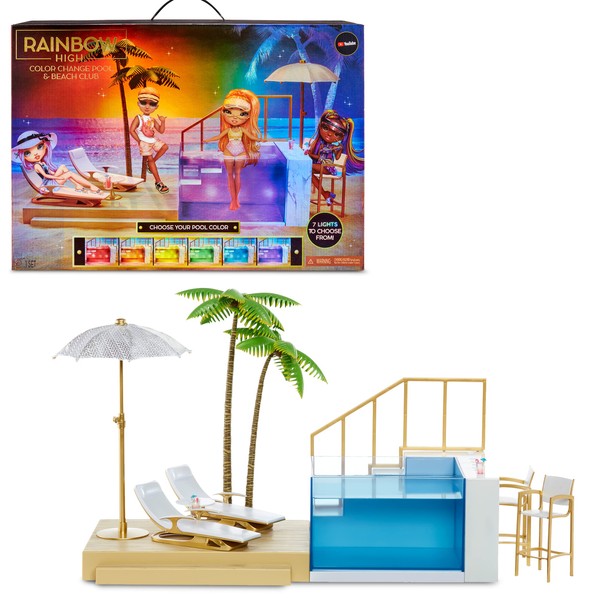 Rainbow High Color Change Pool & Beach Playset : 7-in-1 Light-Up-Multicolor Changing Pool, Adjustable Umbrella, and Pool Accessories. Fits 7 Fashion Dolls, Toy Gift for Kids Ages 6 7 8+ to 12 578475