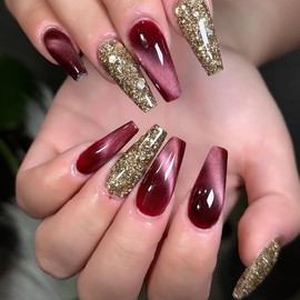 24STK Press on Nails Lange Sargform, Lila Rot Ombre Künstliche Nägel Fingernägel zum Aufkleben, Kunstnägel Gold Pailletten Fake Nails Klebe Nägel Set Acrylnagelspitzen Damen Nagel Zubehör