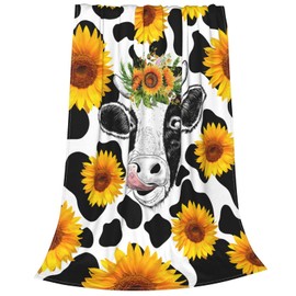 Sunflower Cow Print Flannel Blanket Cute Animal Lightweight Throw Blanket Super Soft Plush Blankets for Bed Sofa & Gift for Family 80"x60"