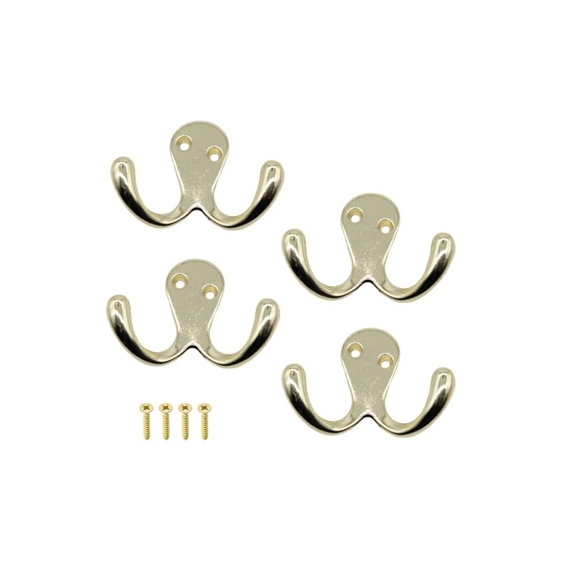 Double Prong Robe Hook Dual Coat Hooks with Screws Brass