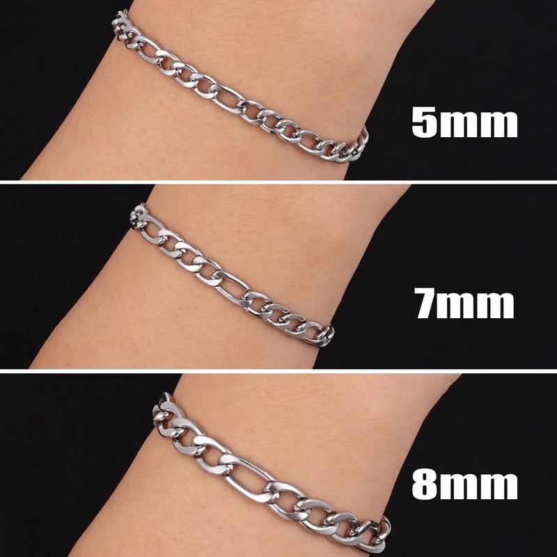 Fiusem Silver Tone Figaro Mens Bracelet, 7mm Width Stainless Steel