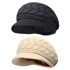 HINDAWI Women Winter Hats Knit Crochet Fashions Snow Warm Cap with Visor Black and Beige