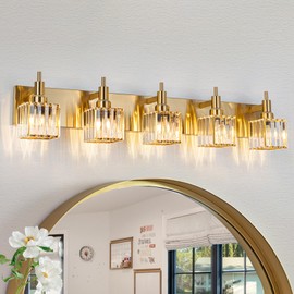 HUOKU Gold Bathroom Vanity Lights, 5 Lights Crystal Bathroom Lighting Fixtures Over Mirror Modern Gold Crystal Bathroom Wall Light