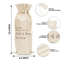 Wedding Gift Wine Bags - Pairs Well With Maid Of Honor Duties Themed Cotton linen Wine Gift Bag With Drawstring, Bridal Shower Gifts for Sisters/Friends, Engagement Wine Bag(1 Pack) - A13