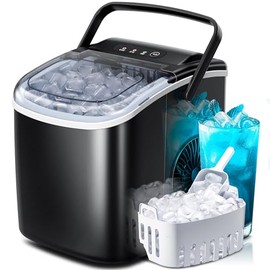 Countertop Ice Maker Machine with Handle, Portable Maker, 27lbs/24Hrs, 7Mins/9 Pcs ice Cubes, Self-Cleaning Table Top Maker with Ice Basket/Scoop, for Home/Kitchen/Office(Black)