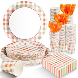 EggSun Orange Gingham Plates and Napkins Party Supplies,Orange and White Disposable Tableware Set,Checkeorange Plaid Paper Plates for Birthday Family Dinner Picnic Barbecue Baby Shower Decor Serves 25