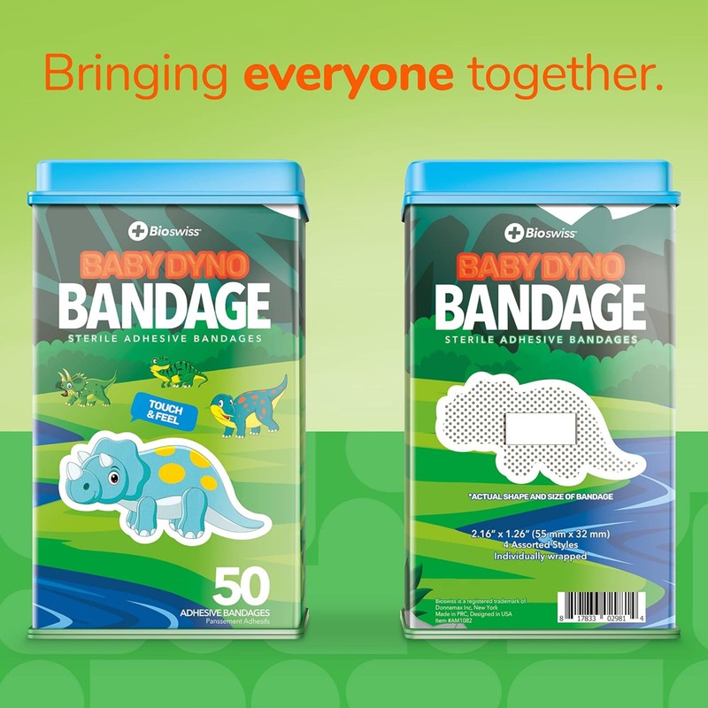BioSwiss Bandages, Baby Dino Shaped Self Adhesive Bandage, Latex Free