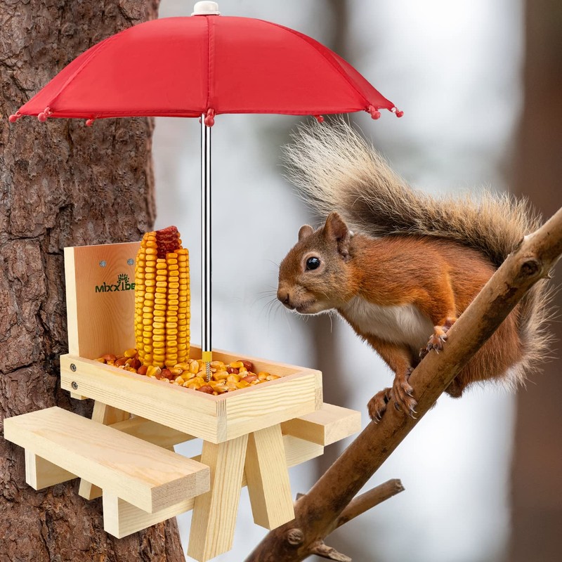 MIXXIDEA Squirrel Feeder Table with Umbrella, Wooden Squirrel Picnic Table