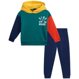 Quad Seven Toddler Boys' Jogger Set - 2 Piece Cozy Dinosaurs and Construction Printed Fleece Sweatshirt and Sweatpants (2T-7), Size 2T, Blue Yellow Dino