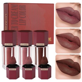 Puder-zu-Creme Lippe Farbe Matte Lippenstift Set 3 Pcs Hochpigmentiertes Samt Glattes Gesicht Make-up Pulver für Lippe, Augen-Wange, Nicht klebriges langanhaltendes Make-up Lippenstift Kit