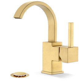 Phiestina Brushed Gold Bathroom Faucet 1 Hole, Waterfall 4 Inch Single Hole or 3 Hole Centerset Vanity Faucet, Swivel 360 Degree with Deck Plate, Pop Up Drain and Water Supply Line, SGF05-BG-5