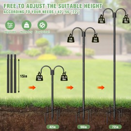 Double Shepherds Hooks for Outdoor, Heavy Duty Bird Feeder Pole with 5-Prong Base - Rust-Proof, Adjustable Bird Feeder Hanger for Garden, Wedding Decor & Hanging Plants