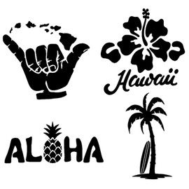 Hawaii Decal 4 Pack: Hang Loose Islands, Hawaii Hibiscus, Aloha Pineapple, Palm Tree Surf Board (Black, Small ~3.5")