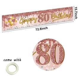 Excelloon 80th Birthday Banner Decorations for Women, Pink Rose Gold Happy 80 Birthday Yard Banner Party Supplies, 80 Year Old Bday Background Sign for Outdoor Indoor